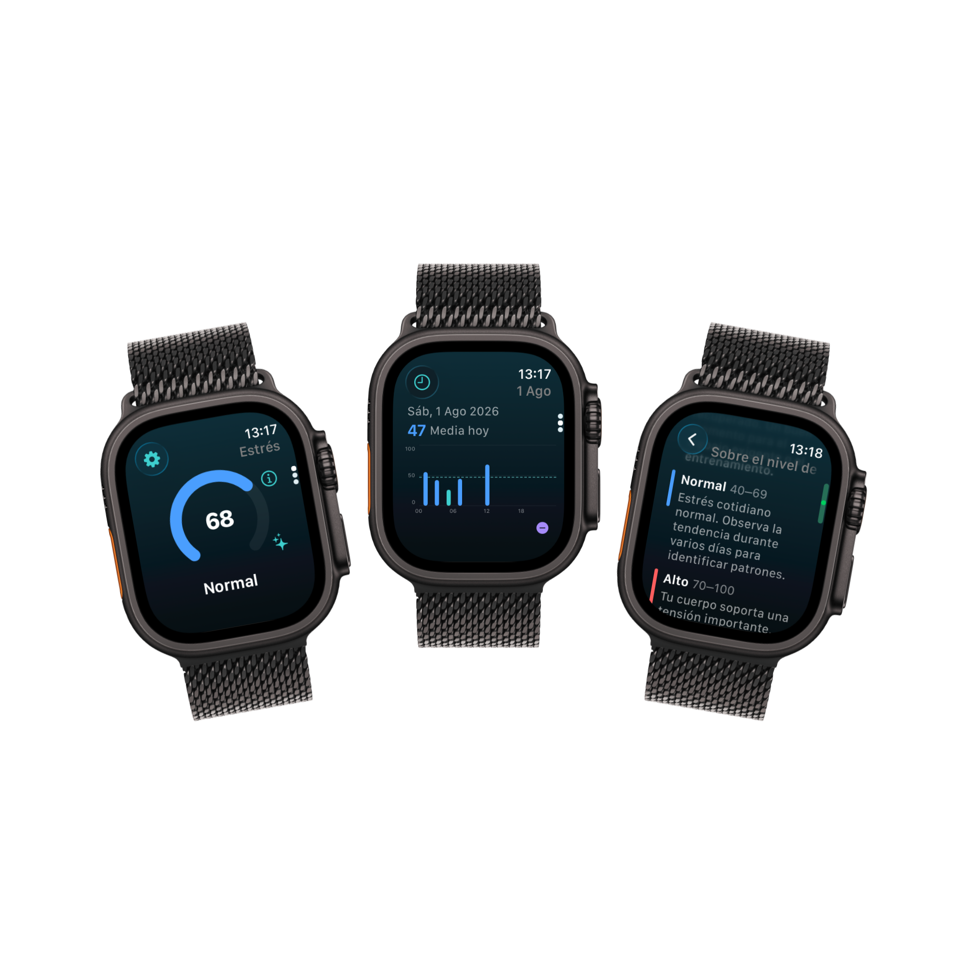 Three Vela screens on Apple Watch Ultra: current stress score with Normal status, weekly trend with the day's average, and a screen explaining the Normal and High ranges.