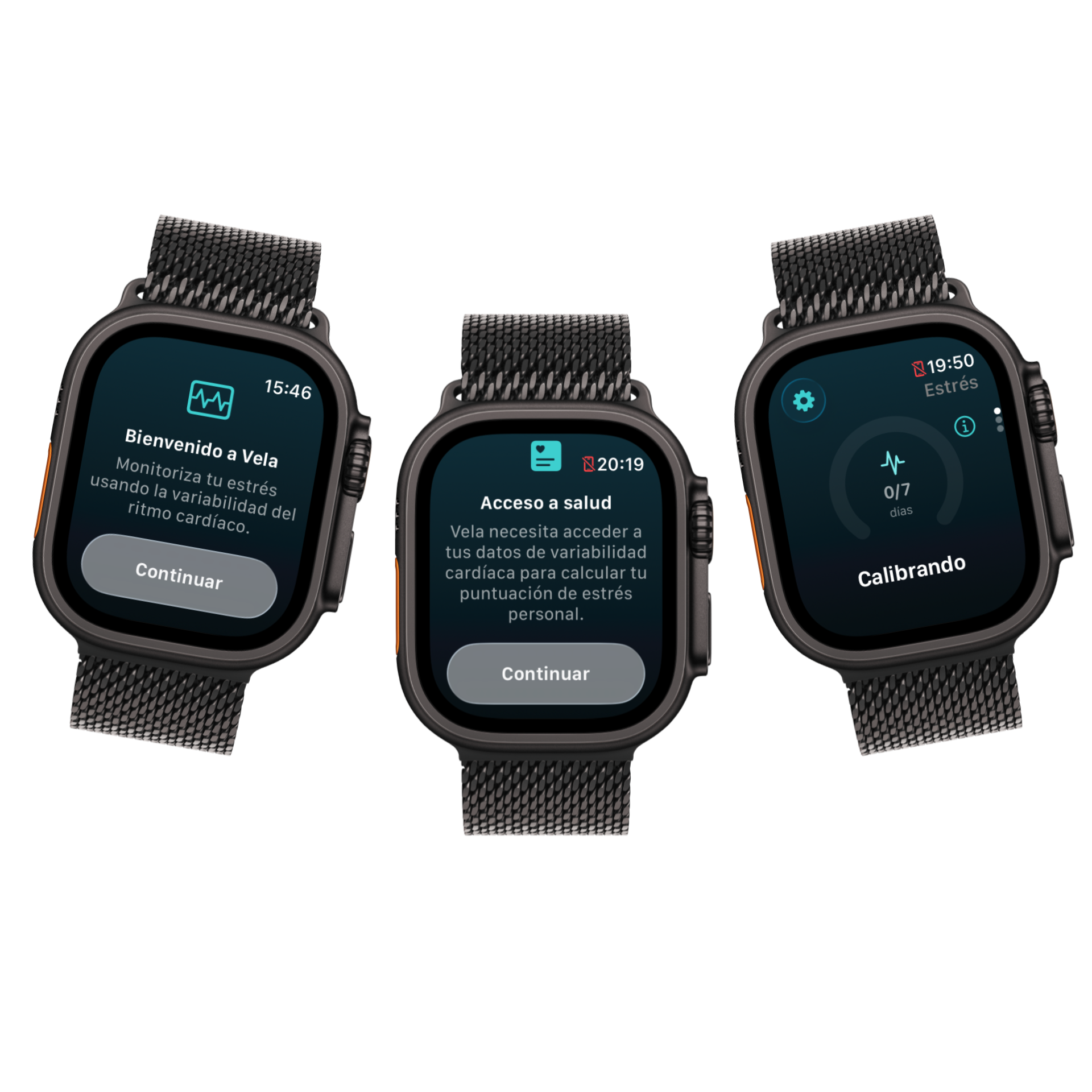 Vela's onboarding flow on Apple Watch: a welcome screen, an explicit request for access to heart rate variability data, and a baseline-building screen showing 7 days remaining.
