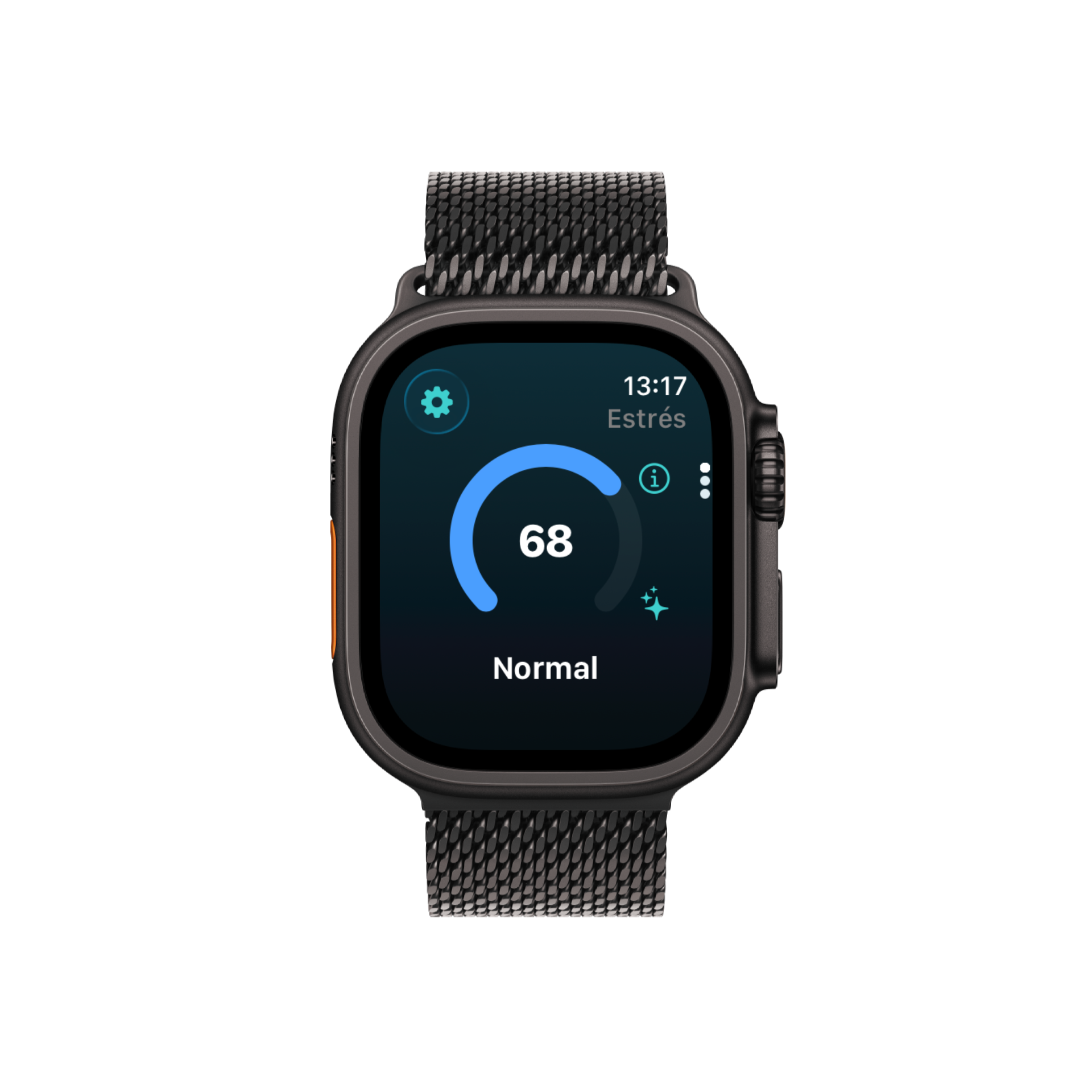 Vela's main screen showing a stress score of 68, Normal status, calculated in the moment.